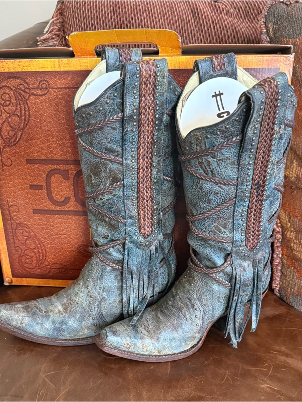 EUC CORRAL Teal Distressed Fringe Braided Brown Western Heeled Boots